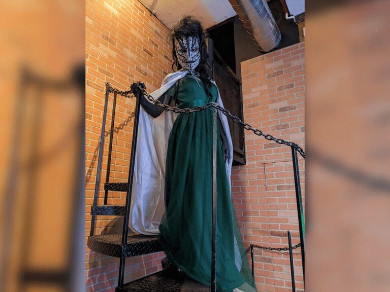 Audrey Del Prete in a snake costume with a green dress and white cape.